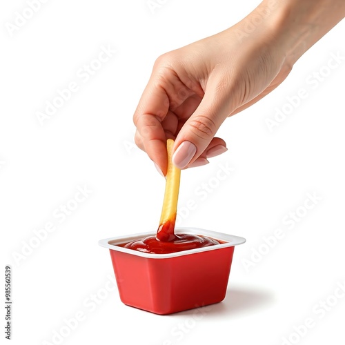 Hand dipping a french fries to ketchup on white background, fast food and snack concept