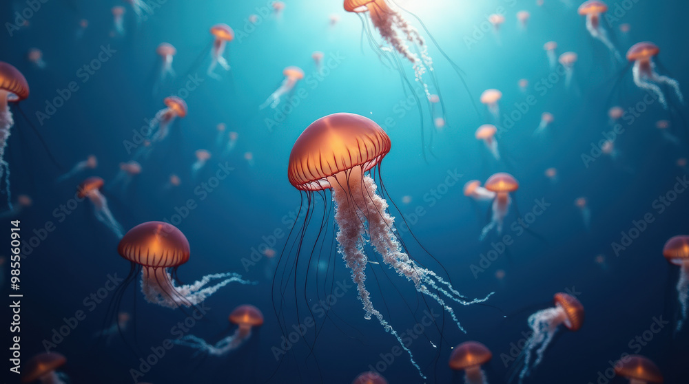 Fototapeta premium Stunning Underwater Photos of Jellyfish Swarms in Crystal Blue Ocean - Ethereal Beauty of Marine Life