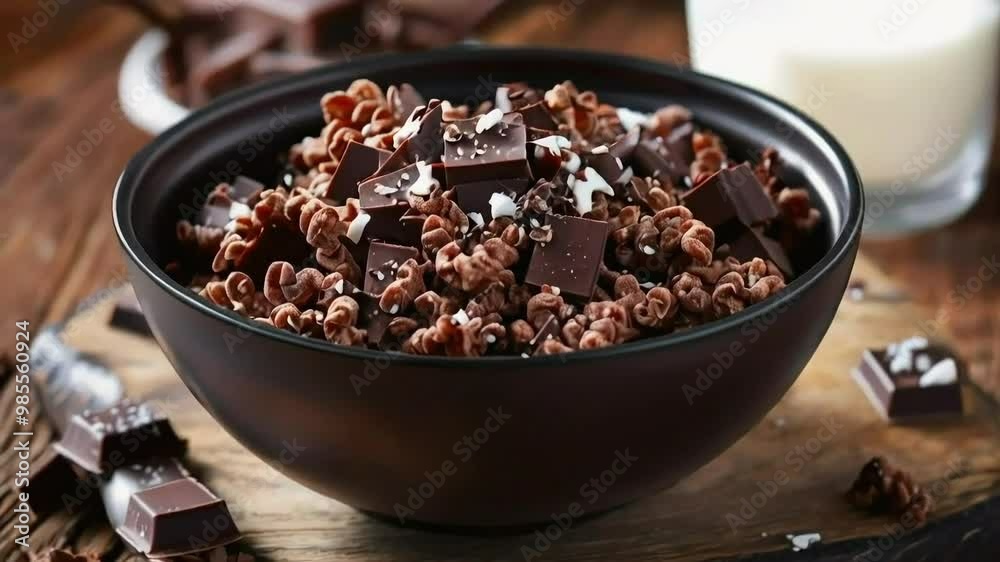 Chocolate Cereal with Dark Chocolate Squares and Milk in a Bowl on Wooden Table: Close-Up View of Delicious Breakfast Option Chocolate Cereal with Dark Chocolate Squares and Milk in a Bowl on Wooden Table: Close-Up View of Delicious Breakfast Option