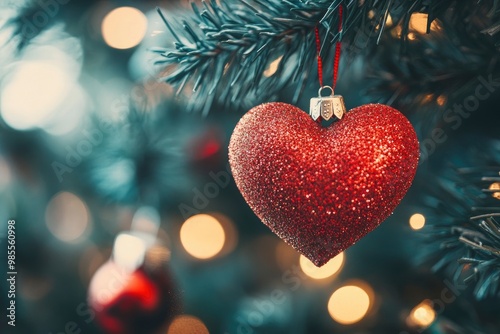 Decorative heart on Christmas tree, closeup. Festive background. Beautiful Christmas heart on blurred background, closeup with generative ai