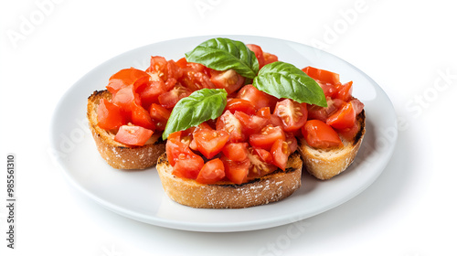 Plate of bruschetta with fresh tomatoes and basil on toasted bread water color, isolated on white background