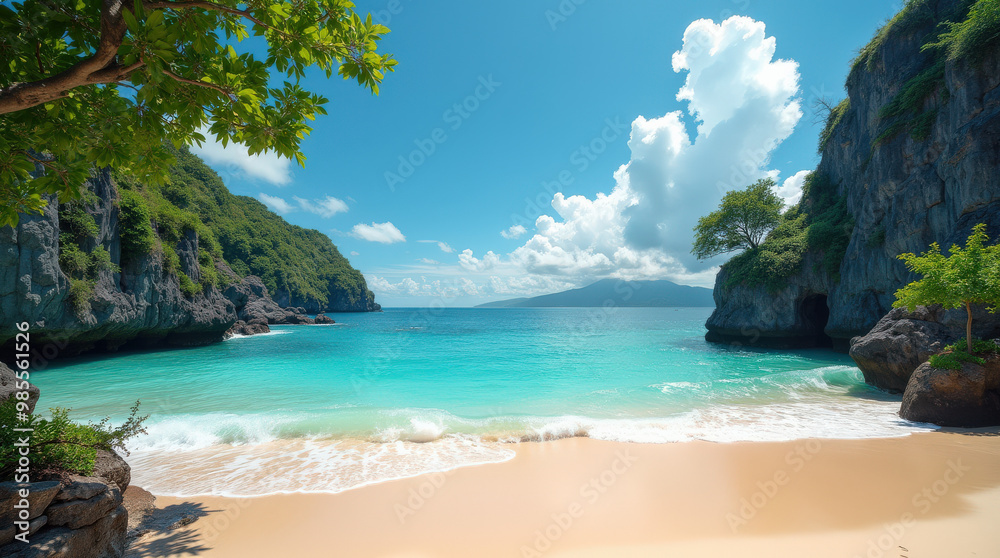 Fototapeta premium Vibrant Tropical Beach and Sunset Photos - Idyllic Coastlines, Crystal Blue Waters, and Lush Palms in Bali and Tulum
