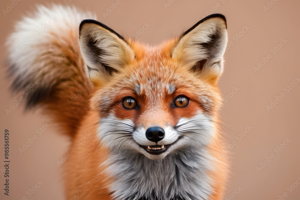 Fototapeta premium Smiling Fox: A cute, bushy-tailed fox with a bright smile and sparkling eyes