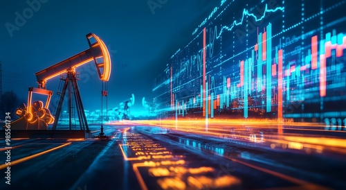 Saudi economic development, quality of oil extraction tools and equipment, sale and export of underground resources, oil and gas exploration machines, electronic screen with symbols and statistical.