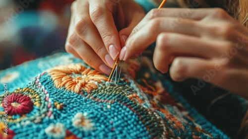 close-up of a woman's hands using the punch needle method of embroidery. A woman creating art by hand. artisanal needlework.