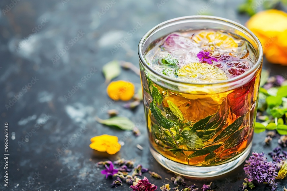 A vibrant, layered beverage featuring a blend of herbs and fresh elements for a revitalizing sip. A vibrant, layered beverage featuring a blend of herbs and fresh elements for a revitalizing sip.