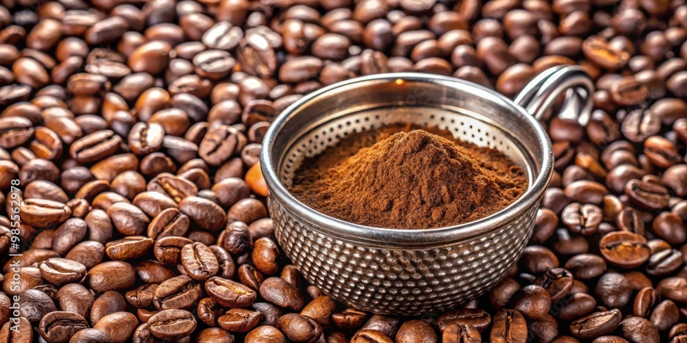 Fototapeta premium Freshly ground coffee beans in a metal filter surrounded by whole coffee beans