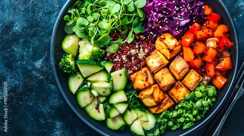 Colorful healthy bowl with vegetables and tofu photo