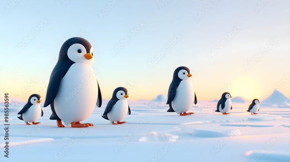 Fototapeta premium Charming Penguins on a Colorful Ice Floe