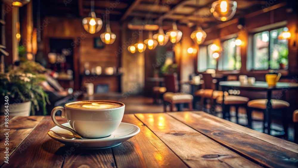 Stylized coffee cup on a rustic wooden table in a cozy cafe setting