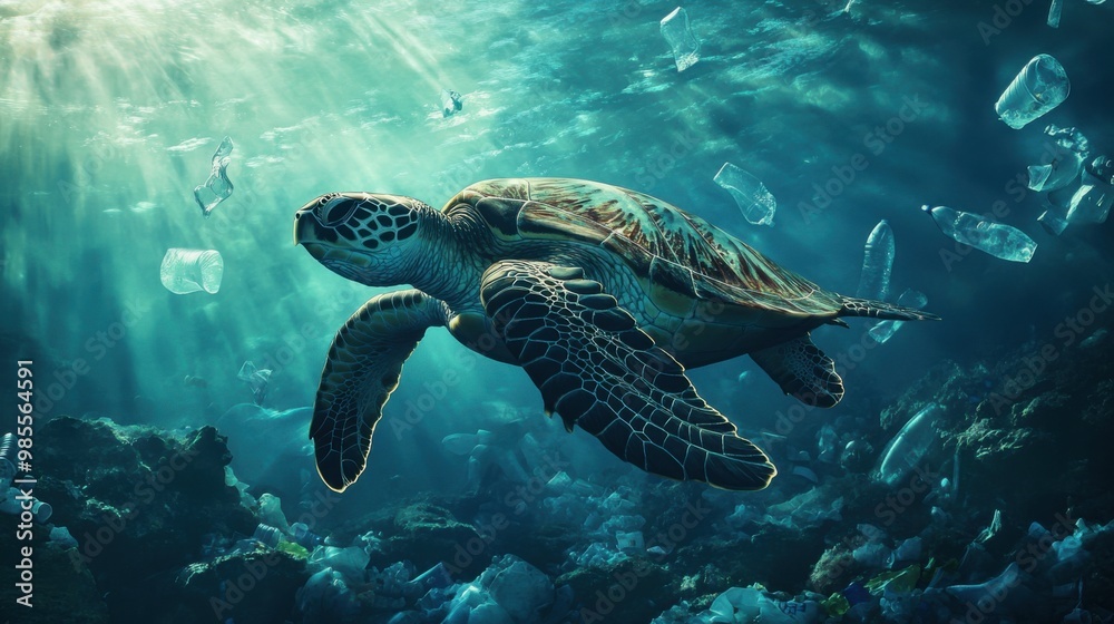 Fototapeta premium A turtle swimming in the ocean with plastic bottles floating around it