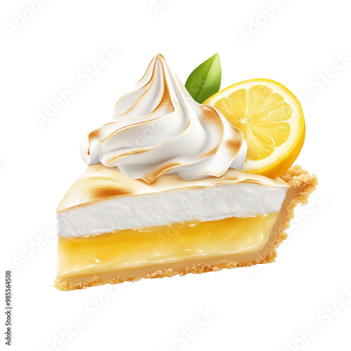 Delicious lemon meringue pie slice topped with creamy meringue and a slice of fresh lemon, perfect for dessert lovers. photo