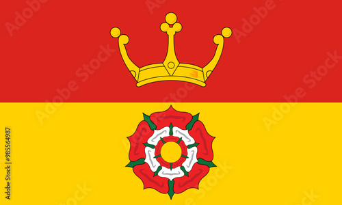 Flag of Hampshire or Hants Ceremonial county (England, United Kingdom of Great Britain and Northern Ireland, uk) gold royal crown on a red field, over a Yorkshire red rose on a gold field 