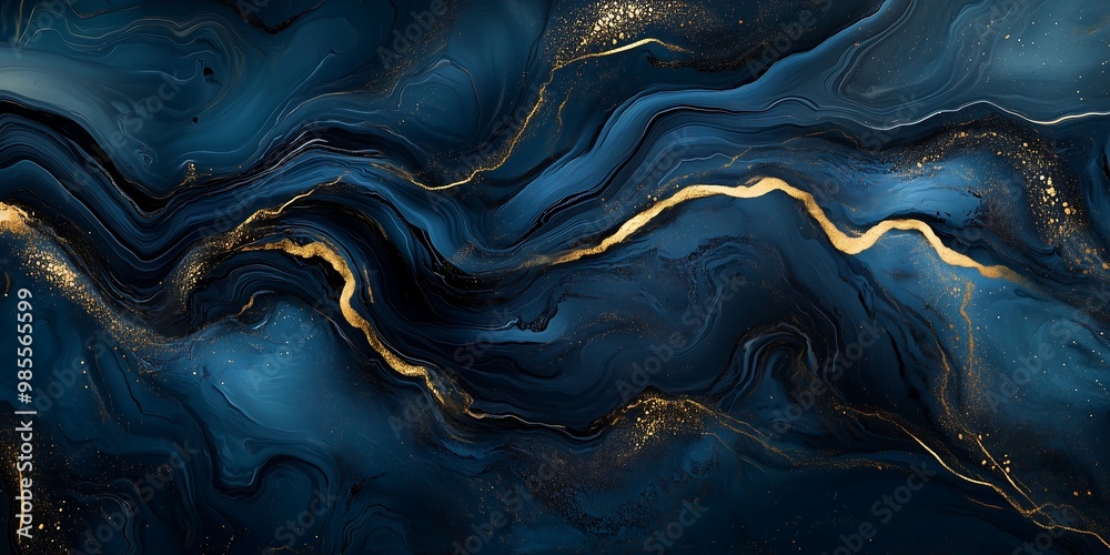Waves of liquid ink in navy blue and golden lines random pattern, seamless color waves abstract background Waves of liquid ink in navy blue and golden lines random pattern, seamless color waves abstract background