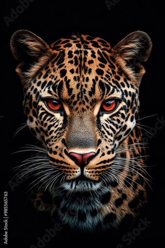 Striking Leopard with Piercing Red Eyes on a Dark Background – High-Resolution Animal Portrait for Creative Use