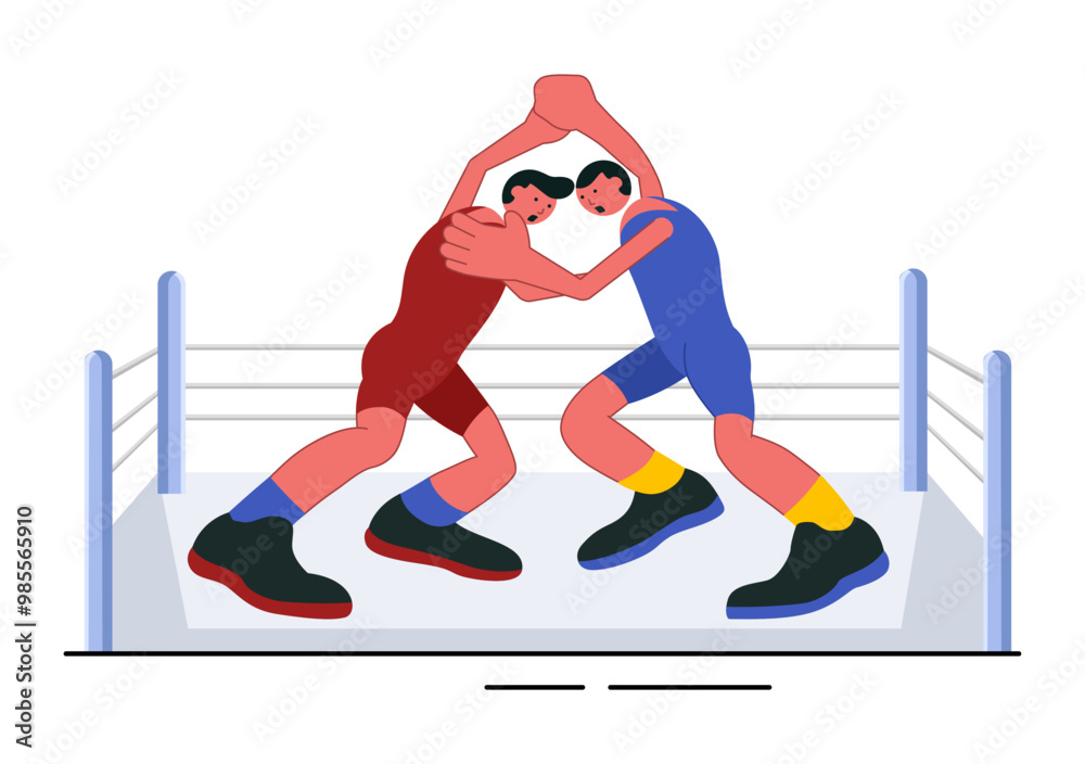 Obraz premium Wrestling Vector Illustration of Two Fighters in a Boxing Competition or Championship Match in an Arena in a Flat Style Cartoon Background