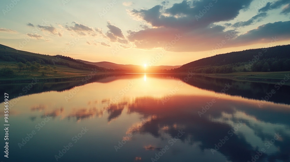 Fototapeta premium Sunset over lake and mountains