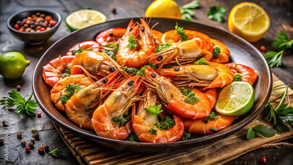 Succulent shrimp delicately cooked and garnished with vibrant lemon and fresh herbs. Served on a plate, it’s a Succulent shrimp delicately cooked and garnished with vibrant lemon and fresh herbs. Served on a plate, it’s a