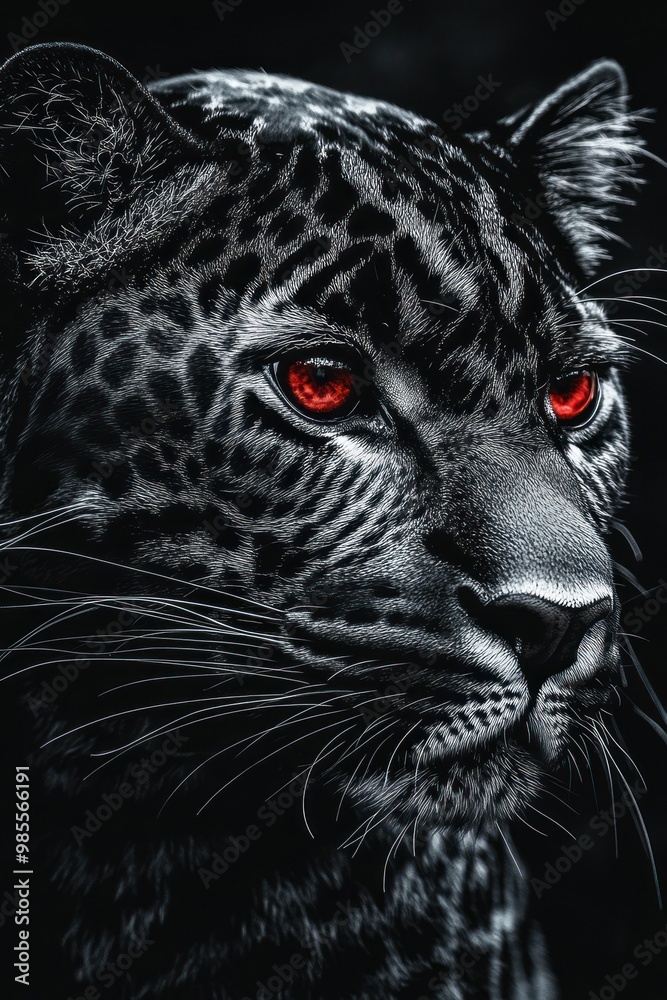 Leopard with Intense Red Eyes in Dramatic Black and White Close-up – Striking Wildlife Image for Creative Use Leopard with Intense Red Eyes in Dramatic Black and White Close-up – Striking Wildlife Image for Creative Use