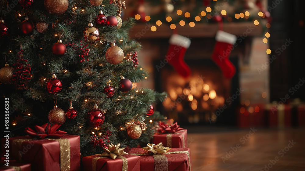 Luxury warm and cozy evening in Christmas room interior design, Xmas tree decorated by gifts, candles, lanterns, fireplace.holiday living room. New year holidays. Bokeh lights garlands
