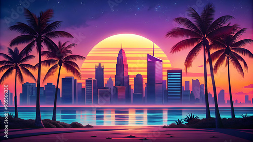 Retro-inspired cityscape illuminated by neon lights, set against a tropical beach at sunset.