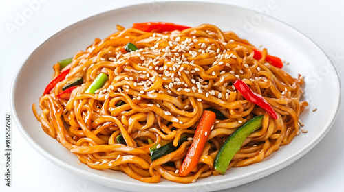 Plate of stir-fried noodles with vegetables and sesame seeds water color, isolated on white background