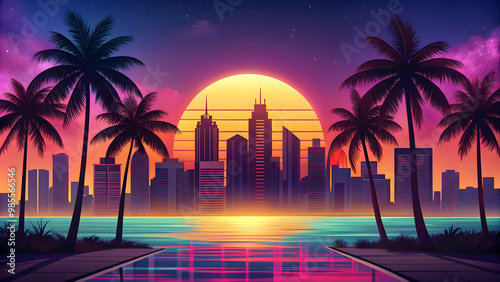 Vibrant neon cityscape with palm trees bathed in a retro sunset
