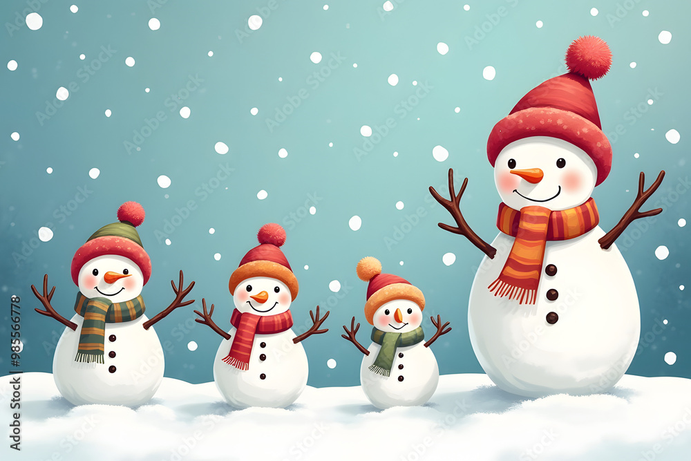Family of joyful snowmen wearing colorful hats and scarves celebrating winter joy in a snowy setting Family of joyful snowmen wearing colorful hats and scarves celebrating winter joy in a snowy setting