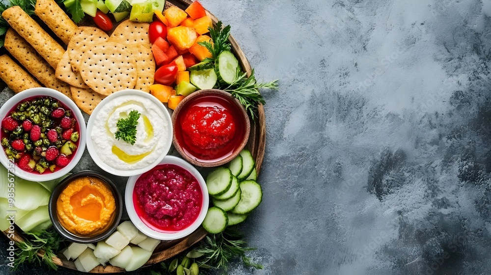 Colorful platter with dips and fresh vegetables Colorful platter with dips and fresh vegetables