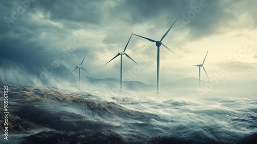 Wallpaper Mural Three wind turbines are in the ocean, with the wind blowing them around Torontodigital.ca