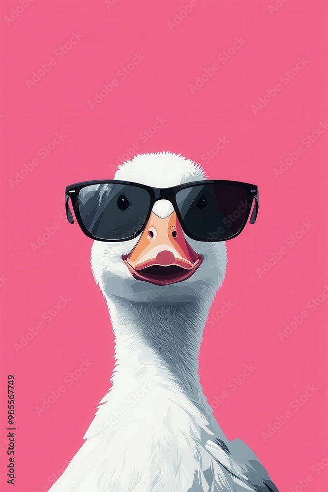 Minimalistic illustration of a fashionable goose wearing sunglasses on a vibrant pink background Minimalistic illustration of a fashionable goose wearing sunglasses on a vibrant pink background