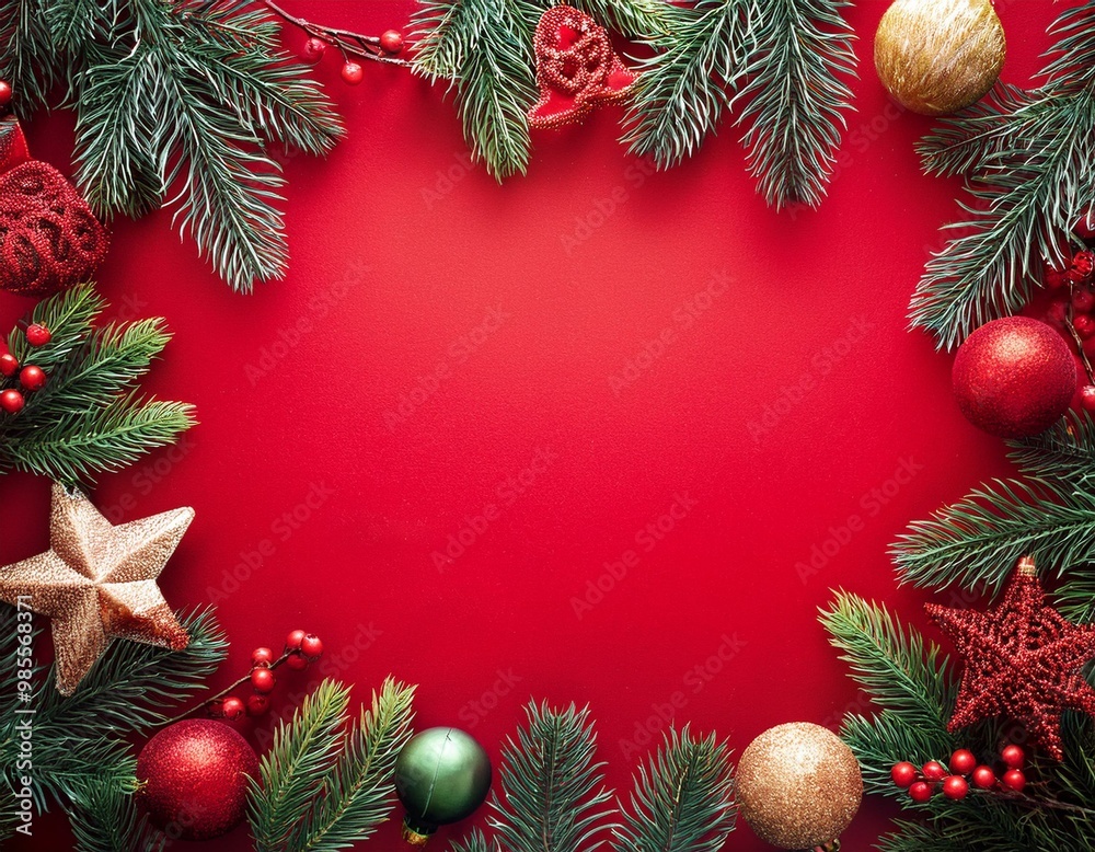 christmas frame with fir branches and christmas balls