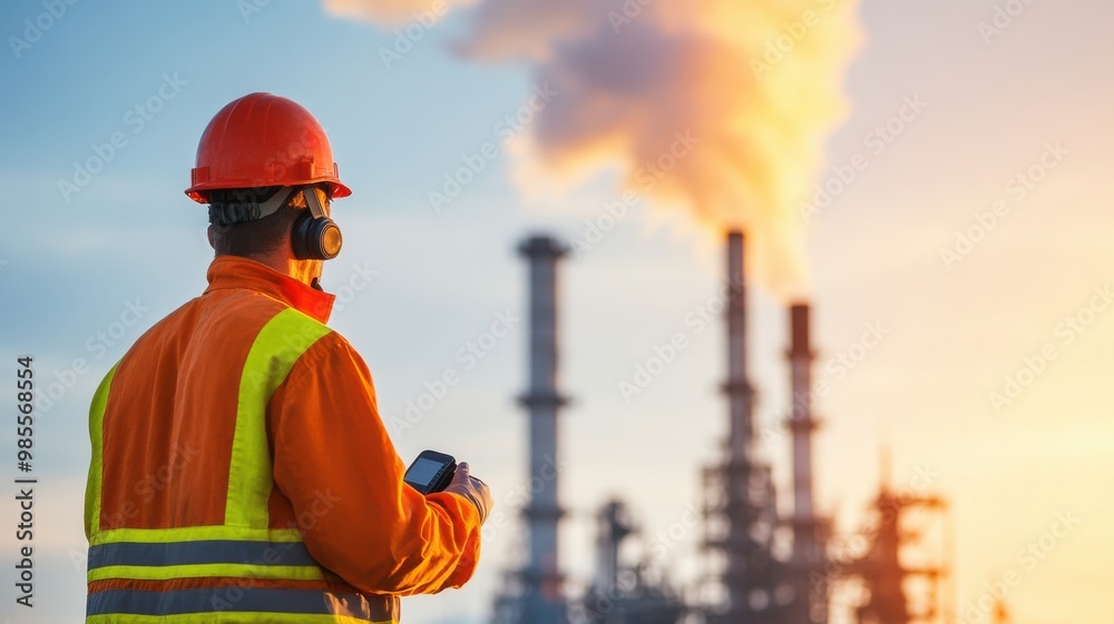 Worker at Large Refinery with Vapor Emissions at Sunset Worker at Large Refinery with Vapor Emissions at Sunset