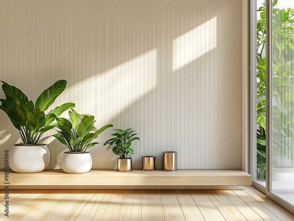 Plant pots in different shape and size next to each other by the cream wall Plant pots in different shape and size next to each other by the cream wall