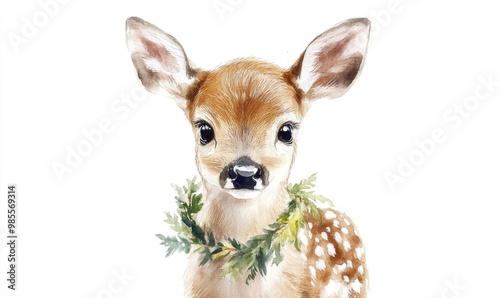 A cute little deer with a green leafy wreath around its neck