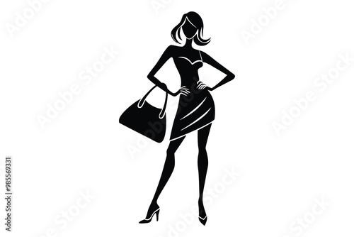 Silhouette of a Female Model Posing with a Shopping Bag, Stylish Fashion Silhouette, Vector Art photo