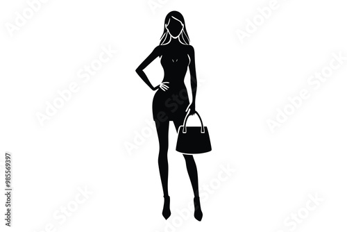 Silhouette of a Female Model Posing with a Shopping Bag, Stylish Fashion Silhouette, Vector Art photo