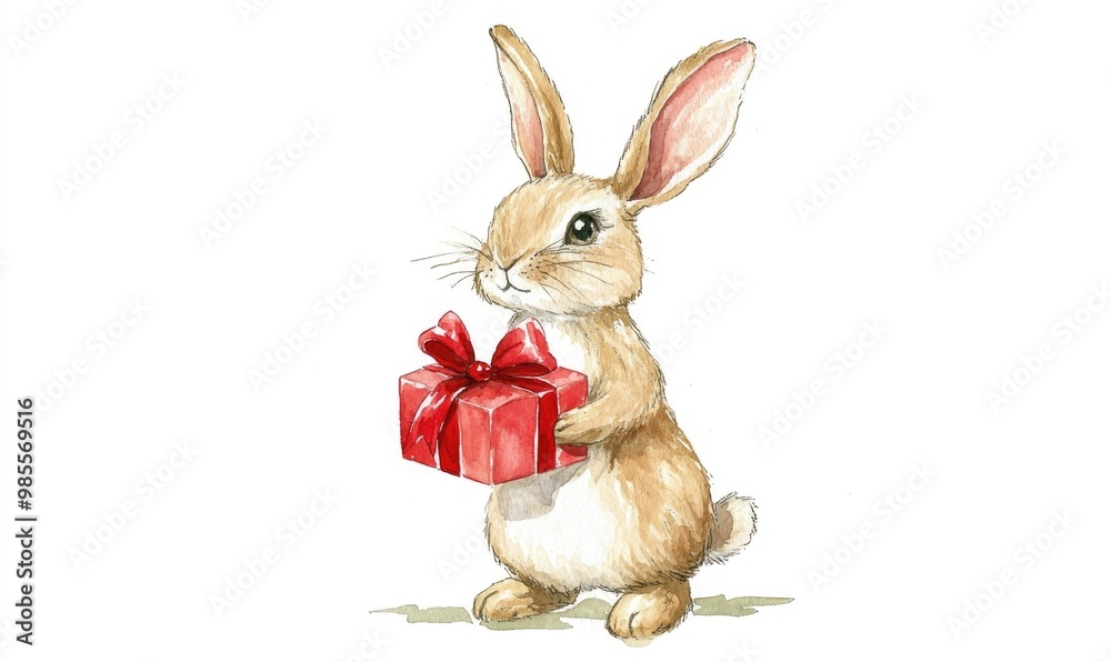 Obraz premium A rabbit is holding a red box with a bow on it