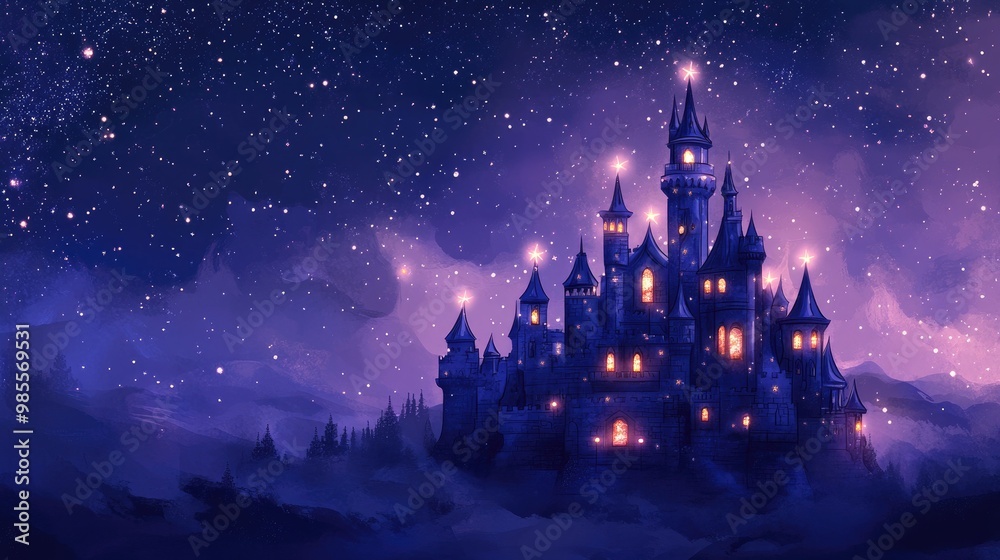 A beautiful pastel navy and silver castle with glowing star-shaped windows and softly illuminated by lanterns, under a starry futuristic sky, vector art A beautiful pastel navy and silver castle with glowing star-shaped windows and softly illuminated by lanterns, under a starry futuristic sky, vector art