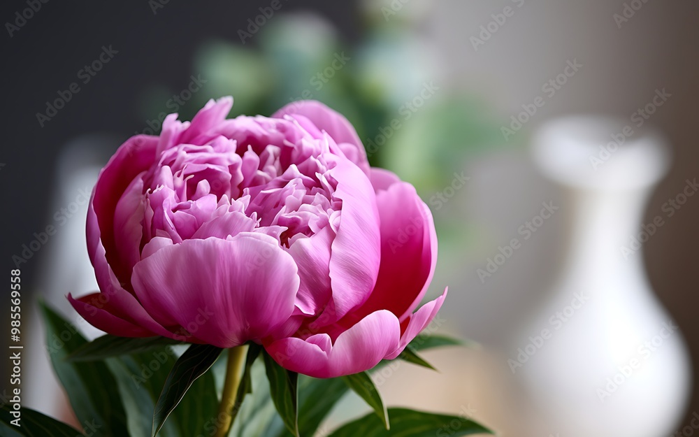 A single pink peony blossom in focus with blurred white vases and greenery in the background. A single pink peony blossom in focus with blurred white vases and greenery in the background.