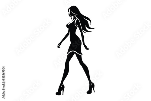 Silhouette of Female Model Walking in High Heels, Elegant Fashion Silhouette, Vector Illustration photo