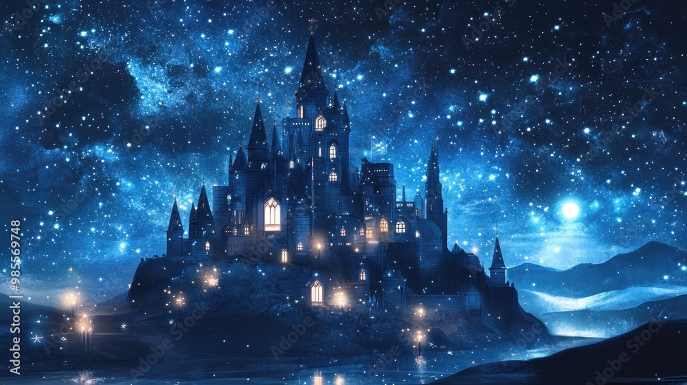 Fototapeta premium A futuristic pastel navy and silver castle under a star-filled sky, with glowing star-shaped windows and soft lantern light illuminating the surroundings, vector art