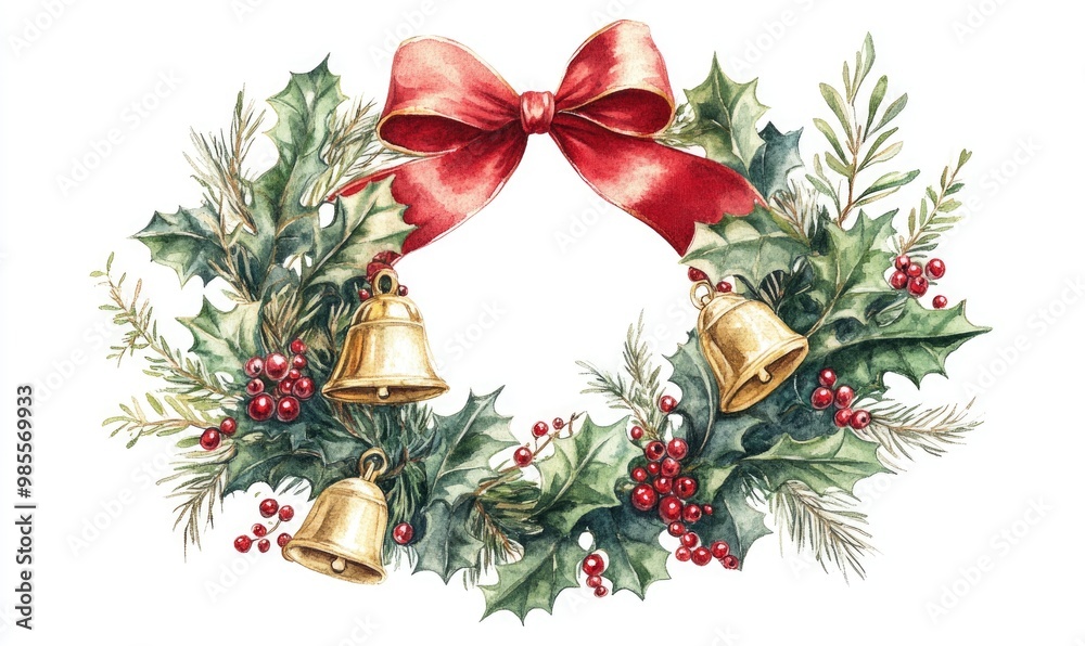 Fototapeta premium A wreath of red berries and pine cones with a white background