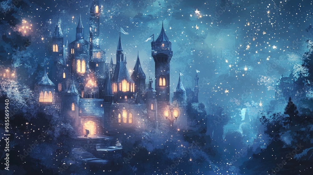 Fototapeta premium A futuristic pastel navy and silver castle, with glowing star-shaped windows and delicate stars twinkling in the sky, softly lit by lanterns, vector art