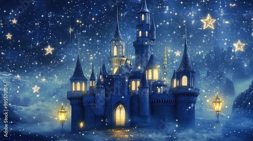 Beautiful pastel navy and silver castle softly glowing with star-shaped windows, surrounded by delicate stars and illuminated by lanterns, vector art