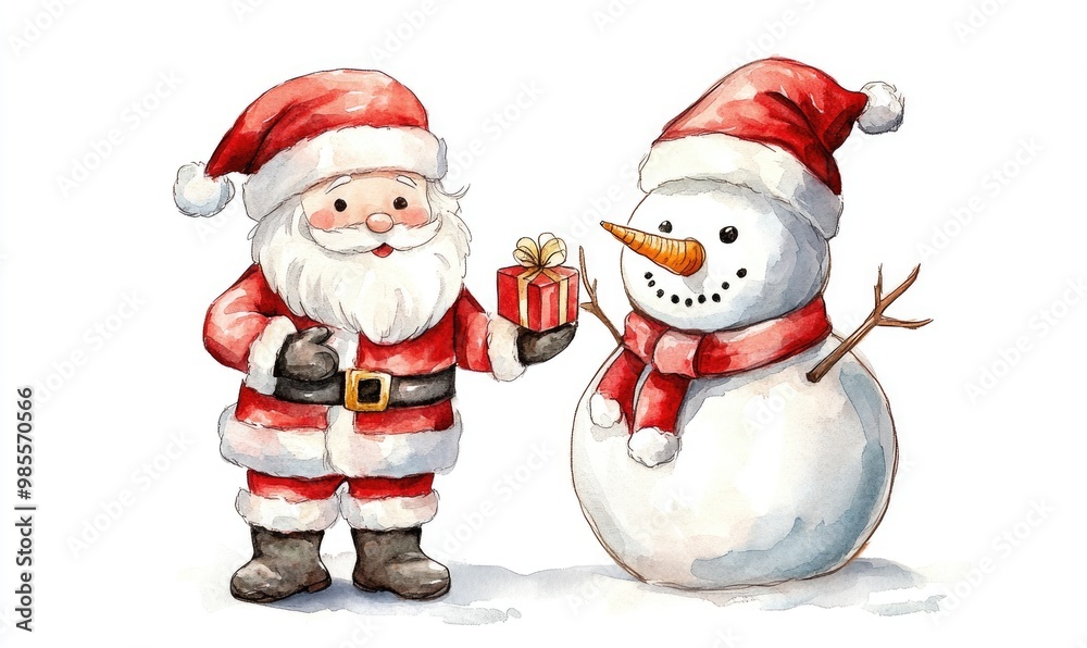 A santa with a red hat and a white beard holding a gift for a snowman
