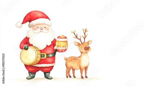 A cartoon image of Santa holding a drum and a deer