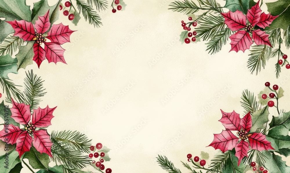 A white background with red poinsettias and green leaves A white background with red poinsettias and green leaves