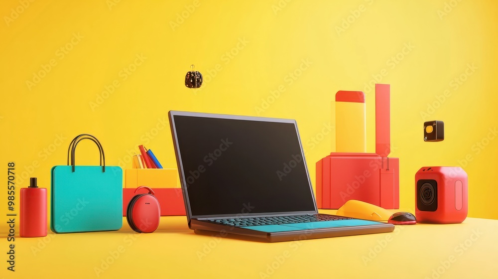 A new laptop bunch of other various products , bright yellow background. online shopping, sales season, Black Friday A new laptop bunch of other various products , bright yellow background. online shopping, sales season, Black Friday