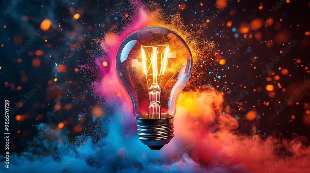 Creative explosion of colorful paint particles around a classic light bulb against black background illustration, new ideas and creativity concept Creative explosion of colorful paint particles around a classic light bulb against black background illustration, new ideas and creativity concept